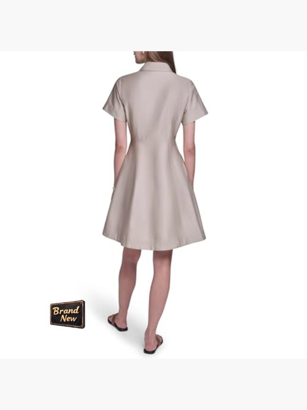 Short Sleeve Button Up Cotton Sateen Shirt Dress Midi Knee-Length - Picture 4 of 7